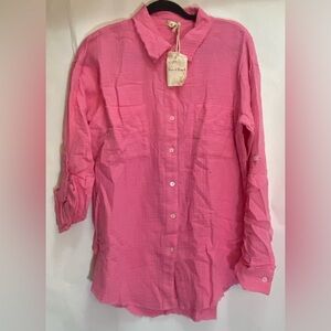 NEW HEM & THREAD Gauze Button Up Shirt Summer Heat Candy‎ Pink Size Medium
